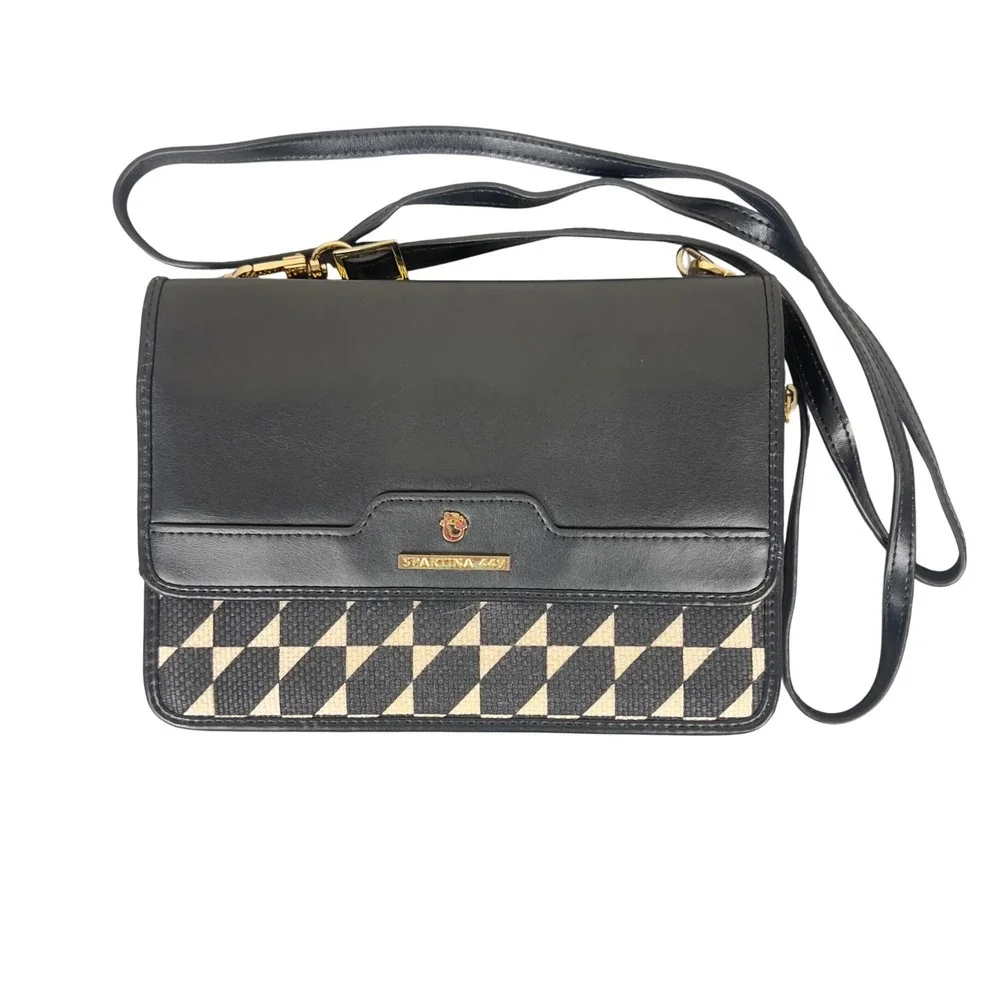 Spartina 449 Crossbody Bag Womens Small Geometric Linen Leather Black Cream Chic